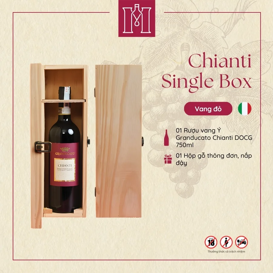 Combo rượu vang đỏ Ý Granducato Chianti DOCG nhập khẩu kèm hộp gỗ thông đơn 2 Combo rượu vang đỏ Ý Granducato Chianti DOCG nhập khẩu kèm hộp gỗ thông đơn