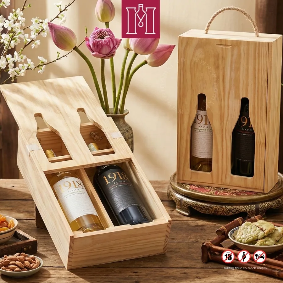 Combo 2 rượu vang Chile 1918 Classic kèm hộp gỗ 1 hộp 2 chai rượu vang chile 1918 classic kèm hộp gỗ thông