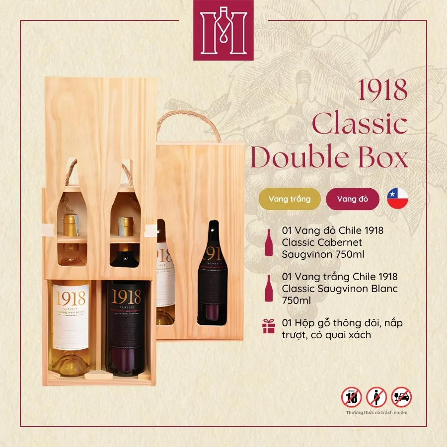 Combo 2 rượu vang Chile 1918 Classic kèm hộp gỗ 2 hộp 2 chai rượu vang chile 1918 classic kèm hộp gỗ thông
