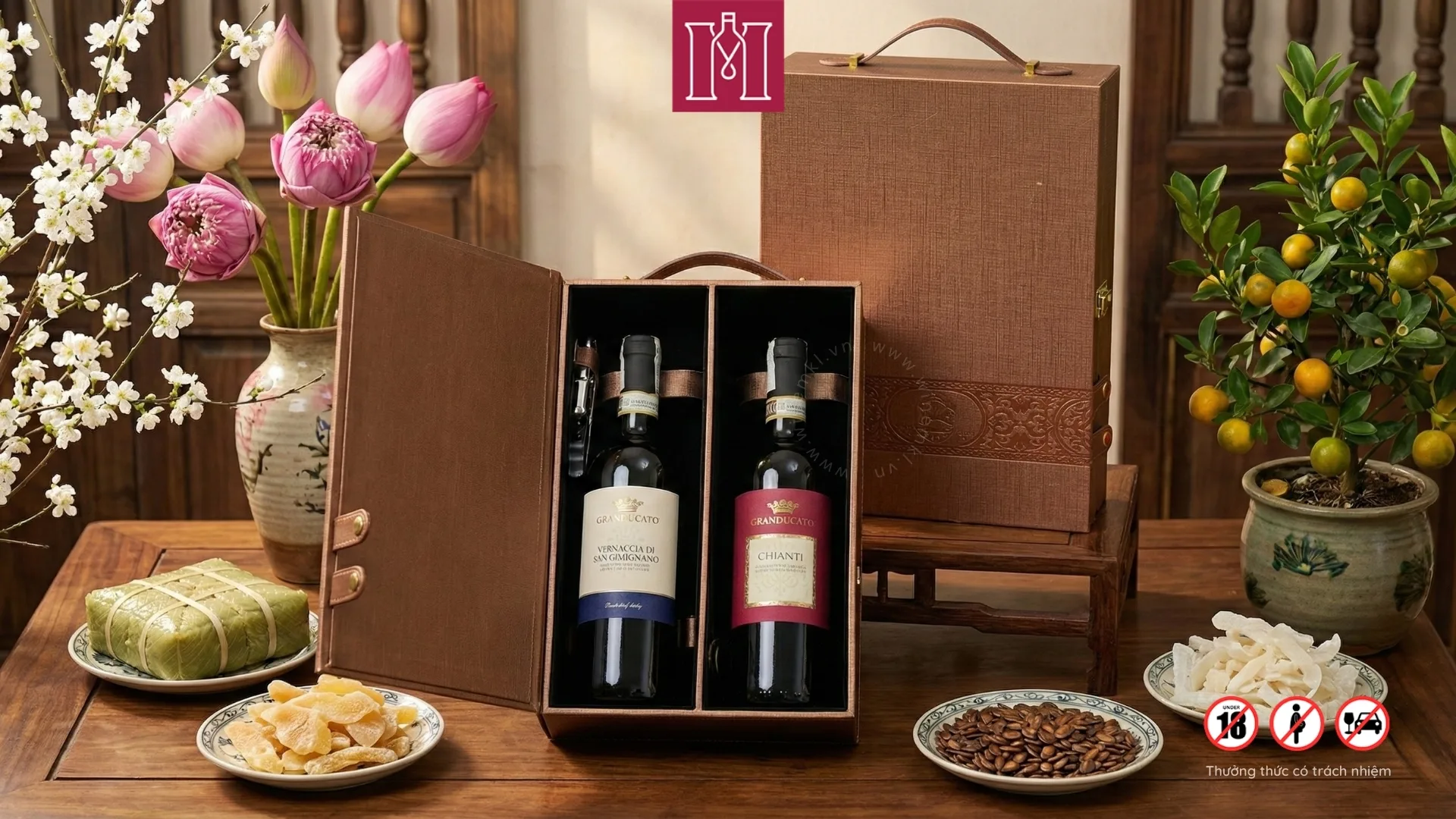 combo 2 chai rượu vang ý bersano granducato kèm hộp đa đôi nâu