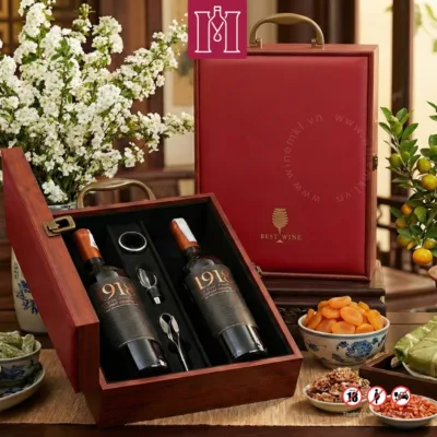 combo 2 chai rượu vang chile 1918 grand reserve kèm hộp gỗ sơn mài da đôi đỏ