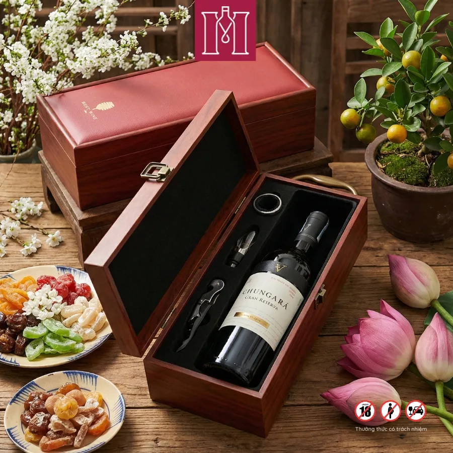 Combo rượu vang Chile San V Chungará Carménère kèm hộp da đơn đỏ, có phụ kiện 3 combo rượu vang đỏ chile san v chungara Carménère kèm hộp da đơn đỏ