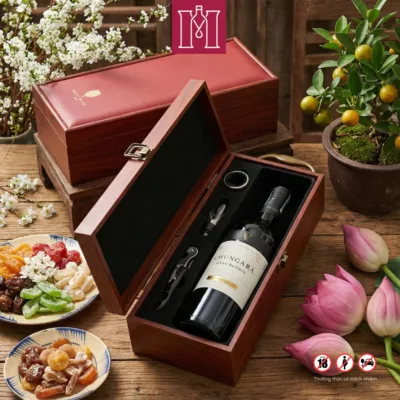 combo rượu vang đỏ chile san v chungara Carménère kèm hộp da đơn đỏ