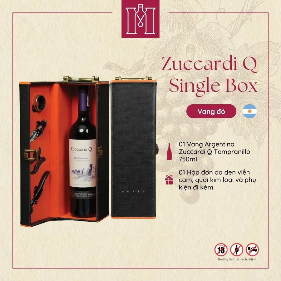 Combo rượu vang Argentina Zuccardi Serie A Tempranillo kèm hộp da đơn đen viền cam, có phụ kiện 4 combo 01 chai rượu vang argentina zuccardi serie a malbec kèm hộp da đen viền cam có phụ kiện