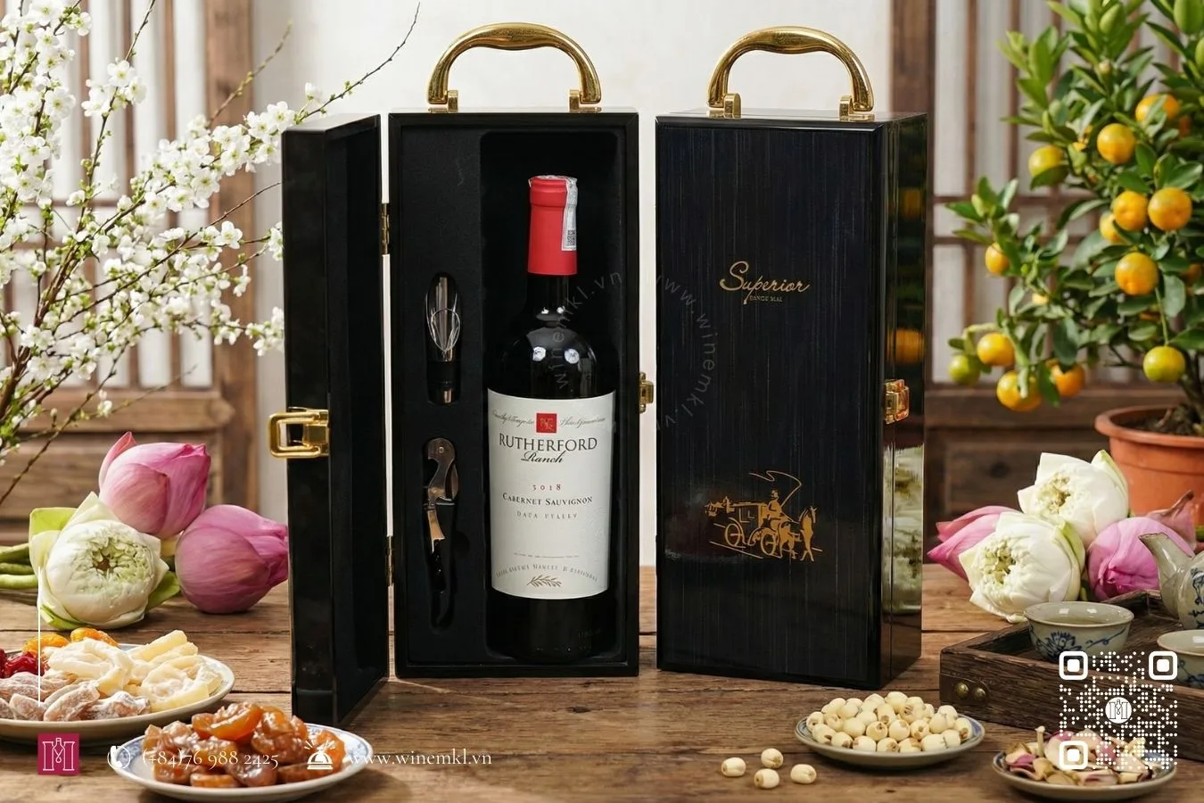 Combo rượu vang Mỹ Rutherford Ranch Napa Valley kèm hộp gỗ sơn mài, có phụ kiện 6 combo rượu vang mỹ nhập khẩu chính hãng kèm hộp sơn mài có phụ kiện